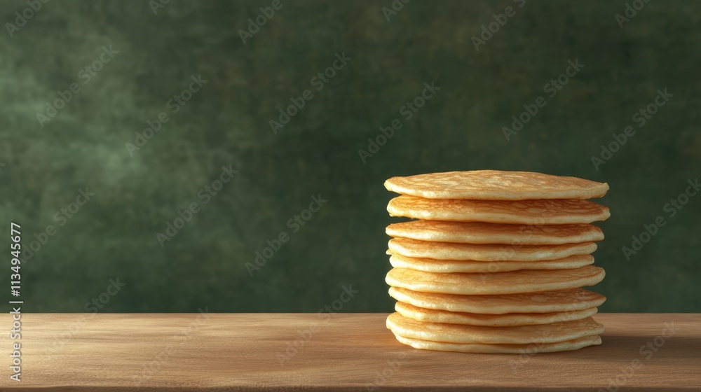 Poster stack of golden pancakes on a rustic wooden table with a textured green background highlighting thei