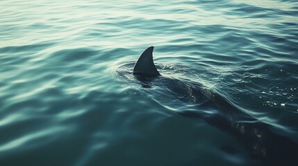 Obraz premium A shark's fin cuts through the serene teal water, creating a captivating contrast of shadow and light. A moment of mystery and wonder in the ocean's depths.