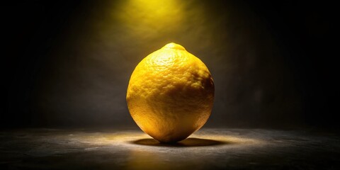 A lone lemon bathed in warm yellow light, a citrus fruit illuminating the dark, a simple scene with a touch of drama