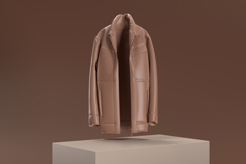 A brown jacket is displayed on a pedestal