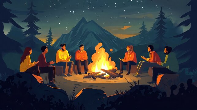 A group of young adults, diverse in ethnicity, gather around a crackling campfire under a starry night sky, sharing stories and enjoying each other's company.