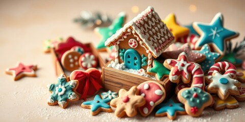 A Festive Collection of Gingerbread Cookies, Including a Charming Gingerbread House, Decorated with Icing and Sprinkles, in a Wooden Box, Surrounded by Snowy Surfaces