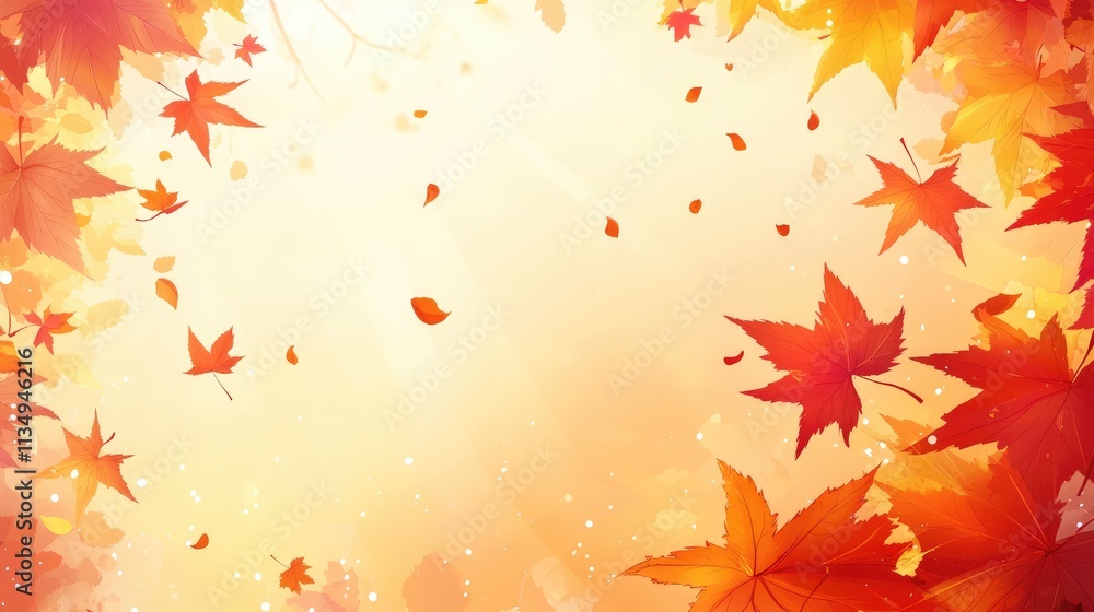 Poster autumn leaves falling in a golden background with soft sunlight creating a serene and tranquil seaso