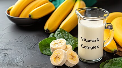 A glass of vitamin B complex milk beside fresh bananas and sliced banana on a dark background, highlighting healthy nutrition.