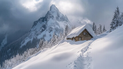 Fototapeta premium A gloomy, rugged mountain with steep cliffs covered in thick snow and ice
