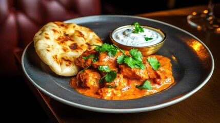 Delicious butter chicken garnished with fresh herbs on a plate fine dining setting culinary close-up view indian cuisine