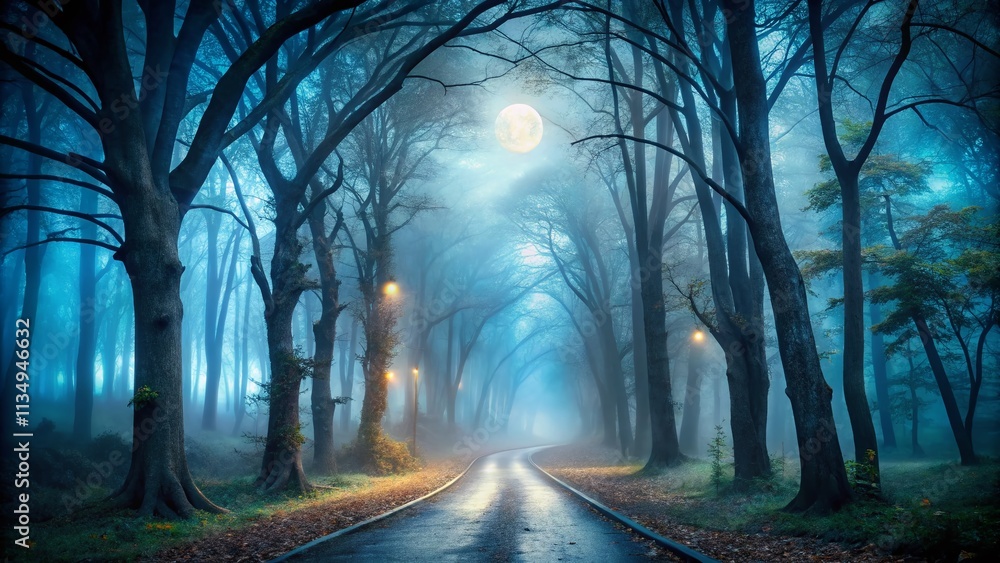 Poster enigmatic fog shrouding a mysterious forest under moonlight on an asphalt path with abstract bokeh e