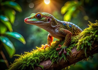 Fototapeta premium Enigmatic Gecko in Low Light: Capturing Nature's Camouflage with a Beautifully Textured Skin and Glowing Eyes in a Dark Tropical Environment