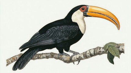 Fototapeta premium A detailed illustration of a toucan perched on a branch, showcasing its vibrant colors and prominent beak.