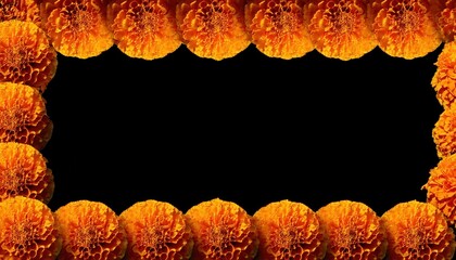 Vibrant Orange Marigold Frame on Black Background Copy Space for Día de los Muertos Decorations, Symbolizing Life, Death, and Memory, Ideal for Festivals, Invitations, or Digital Artwork