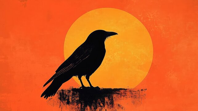 Silhouette of a crow perched against a vibrant orange sunset.  A dramatic and moody image.