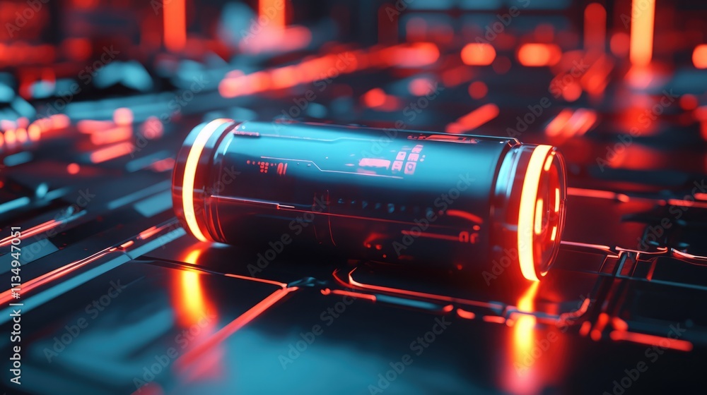 Poster futuristic glowing battery on a dark metallic surface with neon accents emphasizing technological in