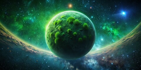 Enigmatic Green Planet Suspended in the Cosmic Void: A Striking Drone Photography Perspective of an Alien World Surrounded by Stars and Galaxies