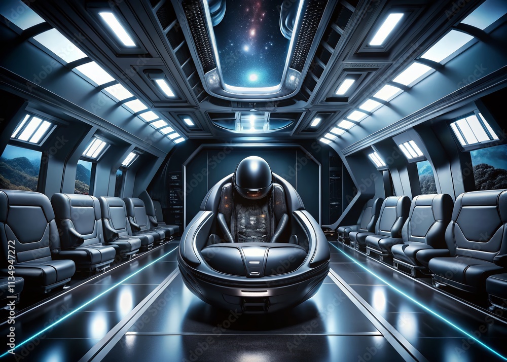 Poster enigmatic matte black spaceship interior with alien faces in a futuristic setting for captivating pr