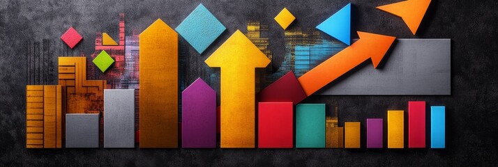 Upward Trend Financial Growth - Growth, progress, success, investment, future.  Abstract colorful bar graph and arrow visuals represent positive financial trends.
