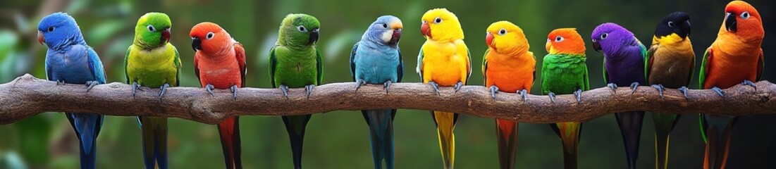 A group of colorful birds perched on the branch, each with its own unique color and pattern.