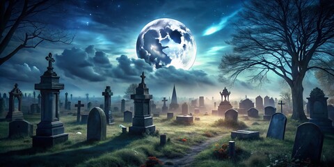 Enigmatic Misty Cemetery Under Moonlight: A Haunting Halloween Landscape Capturing the Eerie Essence of a Dark Sky and Ghostly Atmosphere