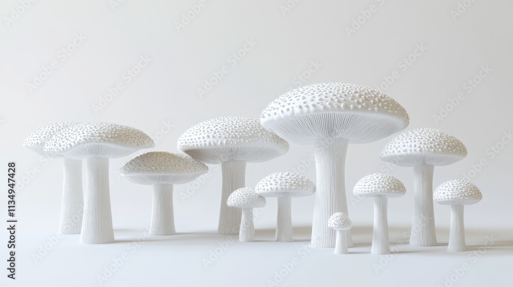 Poster white mushrooms arranged artistically on a white background showcasing intricate textures and shapes