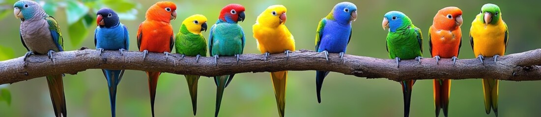 A group of colorful birds perched on the branch, each with its own unique color and pattern.