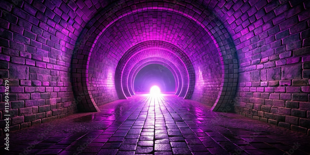 Poster enigmatic purple circular light illuminating a dark stone brick tunnel in a captivating 3d rendering