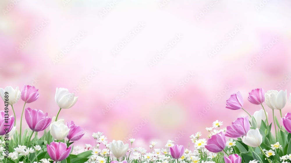 Poster elegant tulip border design with space for text featuring vibrant flowers and a soft bokeh backgroun