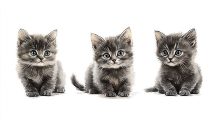 Three adorable gray kittens sitting together against a clean white background showcasing their playful and curious personalities.