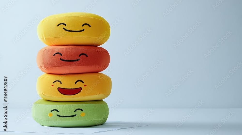 Poster stacked colorful emoji pillows with smiling faces on a light background creating a cheerful decorati