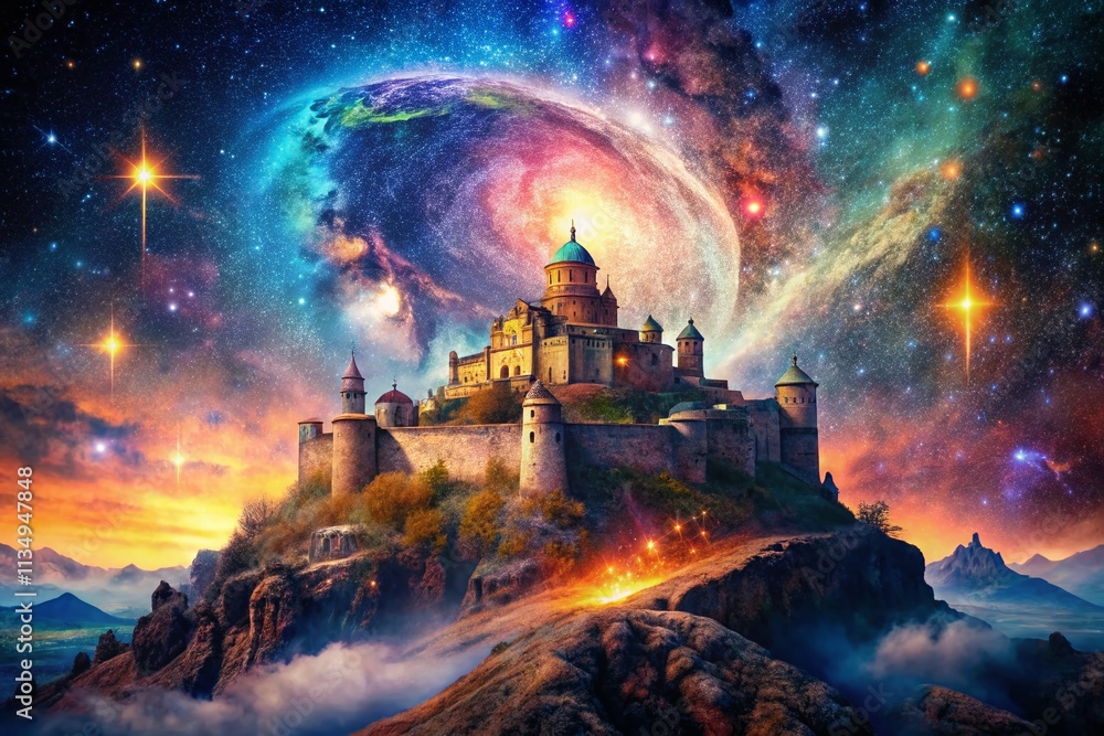 Poster enigmatic space fortress with double exposure effect, merging celestial elements and ancient structu