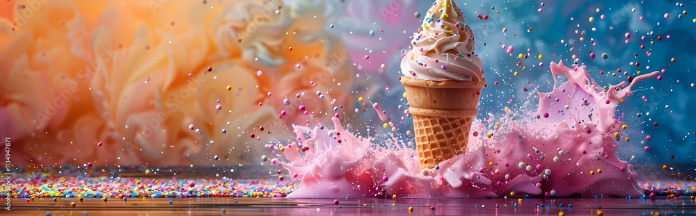 Poster ice cream explosion: a delectable ice cream cone explodes in a vibrant burst of color, surrounded by