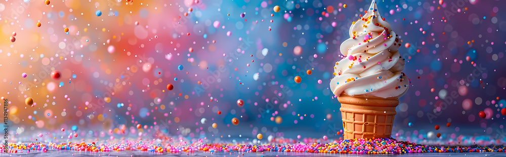 Poster sweet dreams in confetti: a close-up shot of a decadent soft-serve ice cream cone, adorned with spri