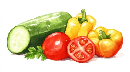 Vibrant vegetable salad featuring fresh tomatoes cucumbers and bell peppers arranged artfully with healthy dressing on a white background