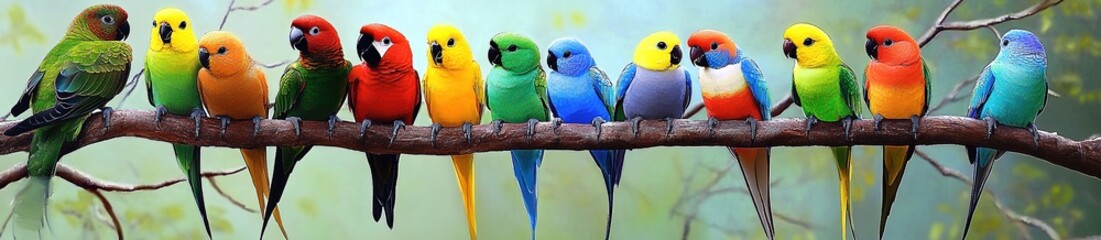 Fototapeta premium A group of colorful birds perched on the branch, each with its own unique color and pattern.