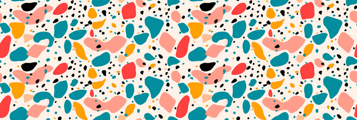 Abstract terrazzo patterns, speckled and colorful, playful and trendy. Background, seamless pattern.