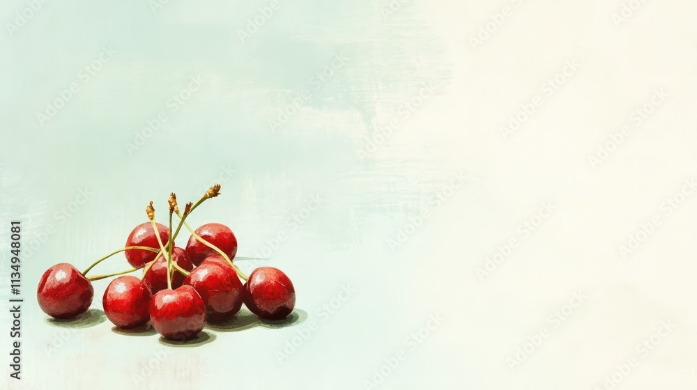 Poster squashed red cherries arranged artistically on a soft pastel green background creating a fresh and v