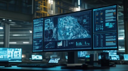 Obraz premium Industrial control room with large monitor displaying data.