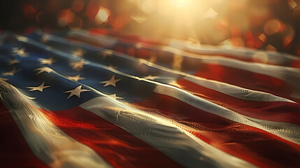 American Flag in Golden Hour: Close-up view of the American flag, with the sun setting behind it, casting a warm, golden light on the fabric.