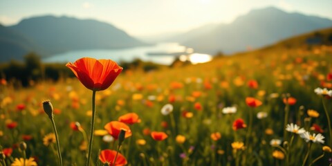 Fototapeta premium A Single Poppy Stands Tall in a Field of Blossoms, Bathed in the Golden Light of a Setting Sun