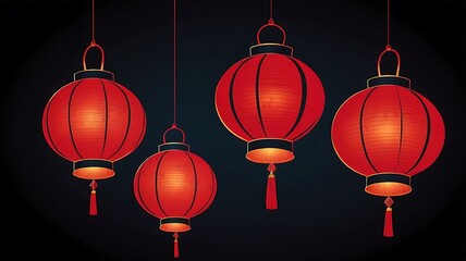 Four Red Chinese Lanterns Hanging Against Dark Background