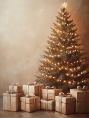 Christmas tree shining with warm lights and gifts underneath