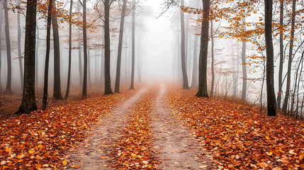 Fototapeta premium serene forest path covered with fallen leaves, surrounded by tall trees in foggy atmosphere. autumn colors create peaceful and tranquil scene