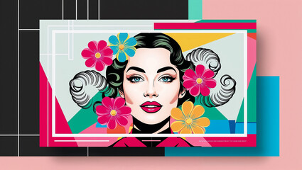 face of beautiful young woman with flowers, fashion stylish, flat design illustration, bright colors