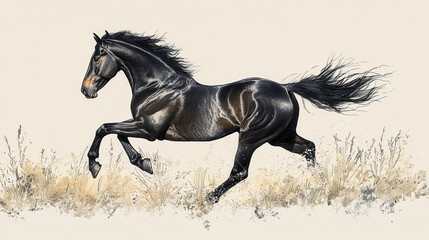 majestic black horse galloping through field, showcasing its strength and grace. flowing mane and powerful stride evoke sense of freedom and vitality