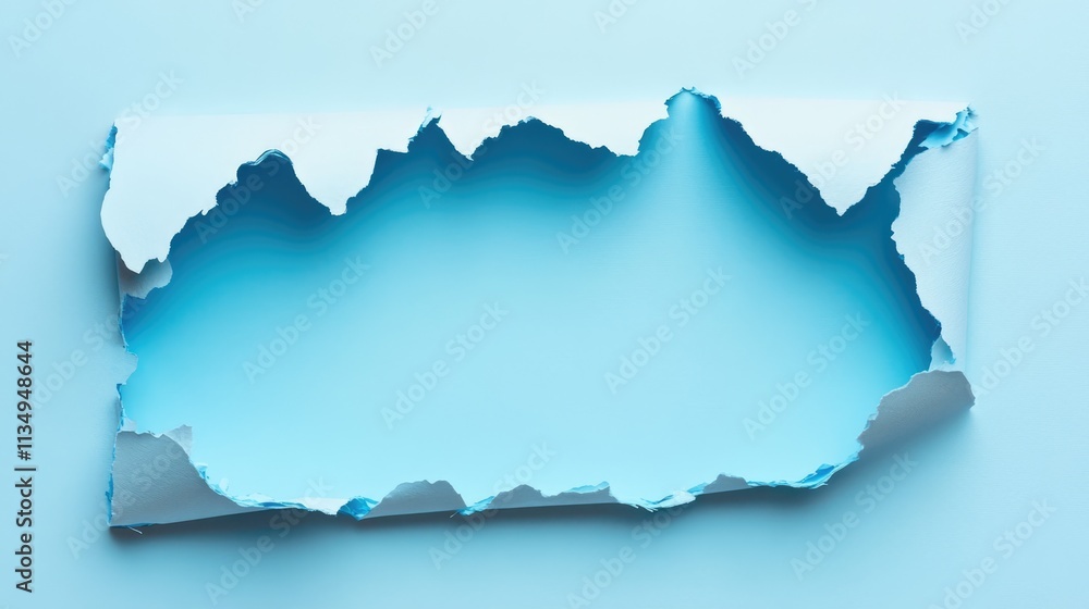 Poster torn blue paper fragments creating a blank space frame on a white backdrop for banner design and cre