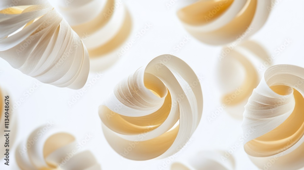 Poster elegant swirling tubes in soft pastel colors floating against a bright white background creating a d