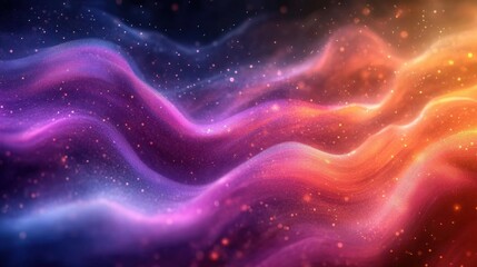 Vibrant waves of color dance across an abstract cosmic landscape illuminated by swirling nebulae