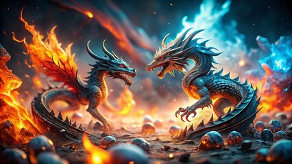 Epic Clash of Fire and Ice Dragons in a Mystical Fantasy Landscape with Tilt-Shift Photography Effect, Capturing the Intensity of Their Dramatic Confrontation