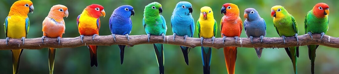A group of colorful birds perched on the branch, each with its own unique color and pattern.