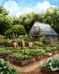 Net Zero Greenhouse Concept, A vibrant depiction of a community garden housed in a netzero greenhouse, emphasizing its positive environmental impact