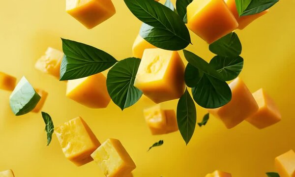 Floating Cubes of Juicy Mango with Fresh Mint Leaves