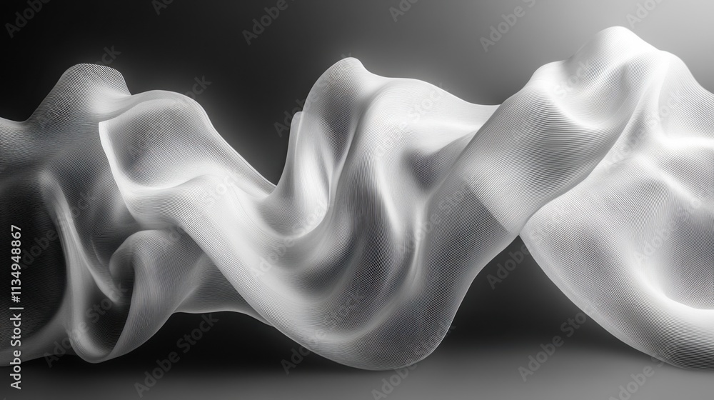 Poster dynamic flow of translucent fabric creating an elegant wave against a minimalistic backdrop